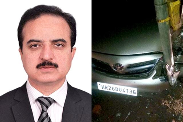 Ramesh Vij (left) and his Toyota Corolla Altis car which was found some distance away crashed to an electric pole. (HT Photo) Ramesh Vij (left) and his Toyota Corolla Altis car which was found some distance away crashed to an electric pole. (HT Photo)