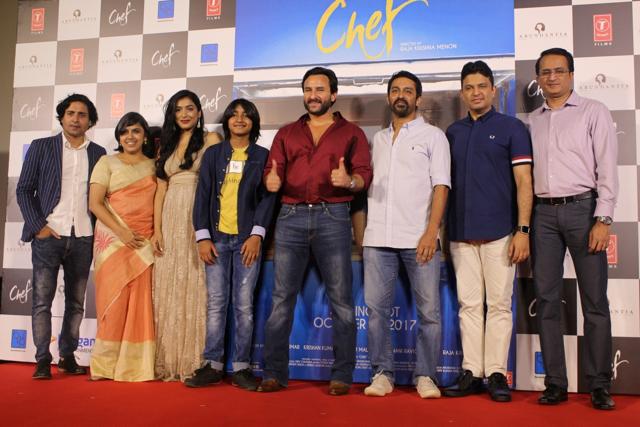 Actors Saif Ali Khan, Svar Kamble and Padmapriya with film director Raja Krishna Menon and Managing Director of T-Series Bhushan Kumar during the trailer launch of Chef in Mumbai. (IANS)