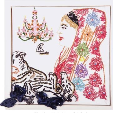 A work from Swati Khurana’s Bridal Trousseau series, embroidered separately by her two grandmothers, one in Pune, the other in New York. The women communicated via stitches. Khurana was the final embroiderer on each piece. A work from Swati Khurana’s Bridal Trousseau series, embroidered separately by her two grandmothers, one in Pune, the other in New York. The women communicated via stitches. Khurana was the final embroiderer on each piece.