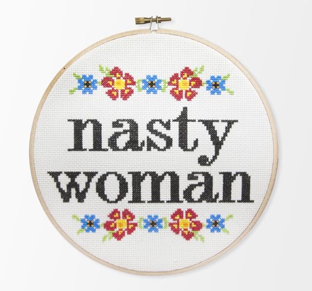 Trump’s barb at Hillary recreated in subversive cross-stitch. On Instagram, décor sites, and craft platforms such as Etsy, feminist embroidery is now a distinct category. Trump’s barb at Hillary recreated in subversive cross-stitch. On Instagram, décor sites, and craft platforms such as Etsy, feminist embroidery is now a distinct category.