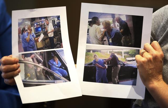 Nurse Alex Wubbels displays video frame grabs of herself being taken into custody in Salt Lake City. (AP) Nurse Alex Wubbels displays video frame grabs of herself being taken into custody in Salt Lake City. (AP)