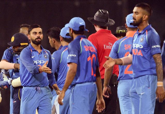 Virat Kohli (2ndL) celebrates with his teammates after victory in the fourth one day international (ODI) cricket match between Sri Lanka and India. (AFP) Virat Kohli (2ndL) celebrates with his teammates after victory in the fourth one day international (ODI) cricket match between Sri Lanka and India. (AFP)