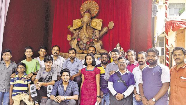 Members of of Sanyukt Mitra Mandal, Narayan Peth near their idol made of bamboo in Pune. (Pratham Gokhale/HT PHOTO) Members of of Sanyukt Mitra Mandal, Narayan Peth near their idol made of bamboo in Pune. (Pratham Gokhale/HT PHOTO)