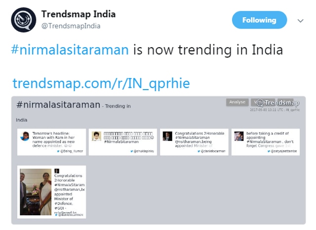 #nirmalasitaraman became a trending hashtag after cabinet reshuffle @TrendsmapIndia