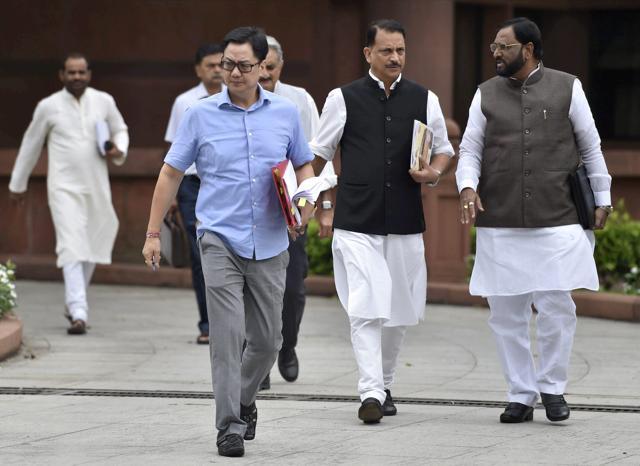 Kiren Rijiju, Rajiv Pratap Rudy and other BJP MPs after the BJP parliamentary party meeting in New Delhi on August 8, 2017. (PTI) Kiren Rijiju, Rajiv Pratap Rudy and other BJP MPs after the BJP parliamentary party meeting in New Delhi on August 8, 2017. (PTI)