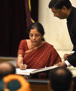 Nirmala Sitharaman being sworn-in as a Union Cabinet Minister of Defence by President Ram Nath Kovind at Rashtrapati Bhavan in New Delhi, India, on Sunday. (Arvind Yadav/HT PHOTO) Nirmala Sitharaman being sworn-in as a Union Cabinet Minister of Defence by President Ram Nath Kovind at Rashtrapati Bhavan in New Delhi, India, on Sunday. (Arvind Yadav/HT PHOTO)