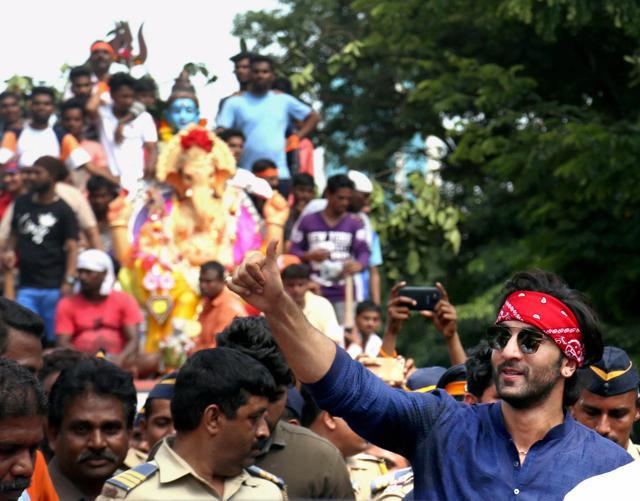 Ranbir Kapoor during Ganapati immersion procession at RK Studio. (PTI) Ranbir Kapoor during Ganapati immersion procession at RK Studio. (PTI)