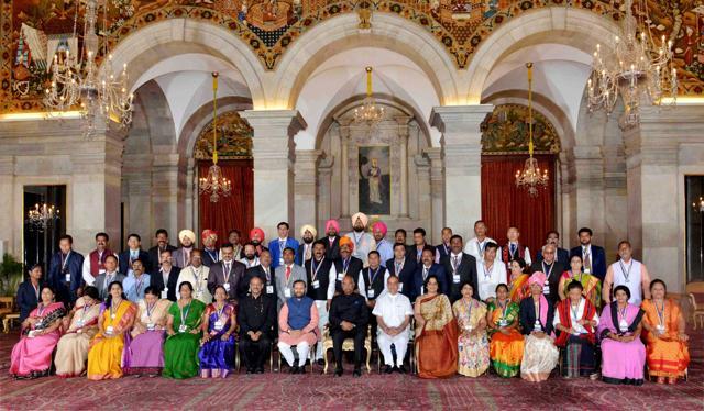 President Ram Nath Kovind with awardee teachers on the occasion of Teacher's Day at Rashtrapati Bhavan in New Delhi on Tuesday. (PTI)