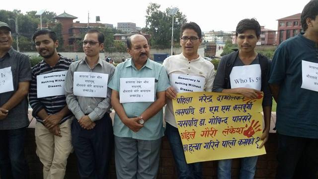 Nepalese journalists, writers and columnists at a protest against the killing of Indian journalist Gauri Lankesh in Kathmandu on Wednesday. (HT Photo) Nepalese journalists, writers and columnists at a protest against the killing of Indian journalist Gauri Lankesh in Kathmandu on Wednesday. (HT Photo)