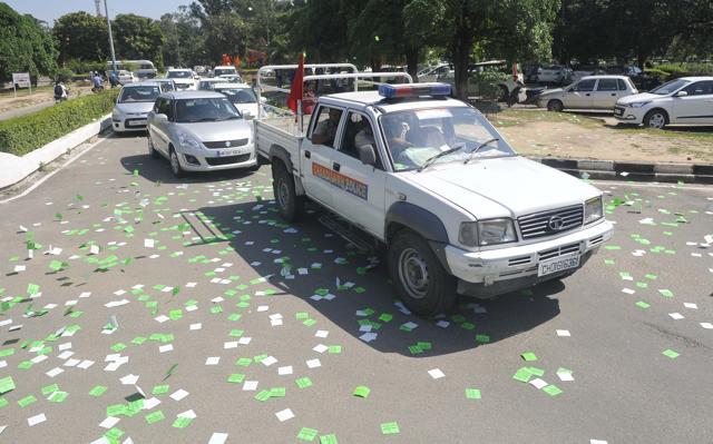 Every nook and corner of the campus is littered with parties’ stickers. (KARUN DSHARMA/HT)