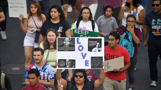 Young immigrants, activists and supporters of the DACA programme march through downtown Los Angeles, California on September 5. (AFP Photo) Young immigrants, activists and supporters of the DACA programme march through downtown Los Angeles, California on September 5. (AFP Photo)