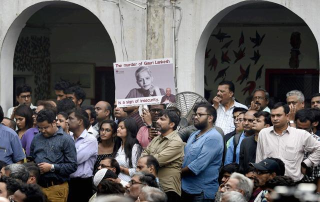 Journalists at the Press Club of India condemn the killing of Gauri Lankesh, in New Delhi on Wednesday. (PTI) Journalists at the Press Club of India condemn the killing of Gauri Lankesh, in New Delhi on Wednesday. (PTI)