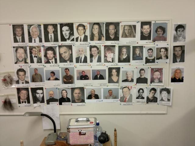 The wall of photos from The Hobbit, it started as a blank wall with character names then as characters are cast the actors faces are put up there so everyone in production knows who is who and to quickly see which characters still need to be cast. On Hobbit those 46 actors were main cast. The wall of photos from The Hobbit, it started as a blank wall with character names then as characters are cast the actors faces are put up there so everyone in production knows who is who and to quickly see which characters still need to be cast. On Hobbit those 46 actors were main cast.