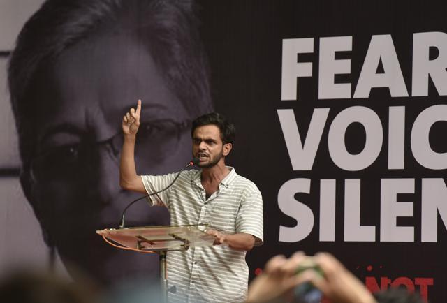 JNU student Umar Khalid at the protest on Thursday. (Ravi Choudhary/HT PHOTO) JNU student Umar Khalid at the protest on Thursday. (Ravi Choudhary/HT PHOTO)