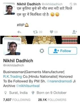 A screenshot of Nikhil Dadhich’s tweet against Lankesh. A screenshot of Nikhil Dadhich’s tweet against Lankesh.