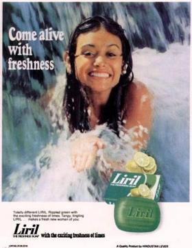 The original girl under a waterfall: Karen Lunel for Liril soap. The original girl under a waterfall: Karen Lunel for Liril soap.