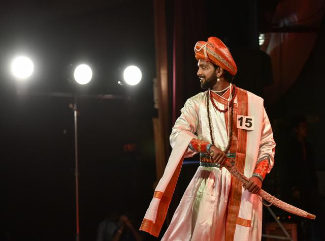 A contestant during the ‘traditional wear’ round of the Mr and Ms Maharashtra Fashion Pageant. (Kunal Patil / HT Photo)