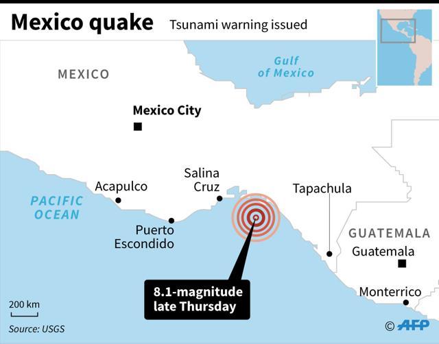 Map showing the epicentre of a 8.1-magnitude quake that hit the coast of Mexico. (AFP) Map showing the epicentre of a 8.1-magnitude quake that hit the coast of Mexico. (AFP)