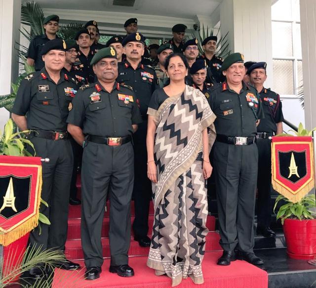 Nirmala Sitharaman meets Army chief General Bipin Rawat and army officers from the Southern Command in Ahmedabad. (Twitter) Nirmala Sitharaman meets Army chief General Bipin Rawat and army officers from the Southern Command in Ahmedabad. (Twitter)