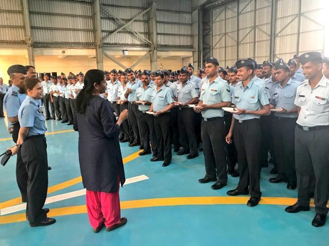 Sitharaman interacts with IAF personnel at in Uttarlai, Rajasthan. (Twitter) Sitharaman interacts with IAF personnel at in Uttarlai, Rajasthan. (Twitter)