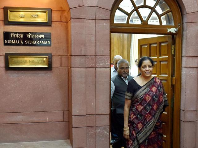 Defence minister Nirmala Sitharaman coming out of her office after taking charge at South Block in New Delhi. (PTI Photo) Defence minister Nirmala Sitharaman coming out of her office after taking charge at South Block in New Delhi. (PTI Photo)