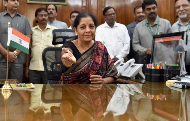 Defence minister Nirmala Sitharaman after taking charge at her office in New Delhi. (PTI Photo) Defence minister Nirmala Sitharaman after taking charge at her office in New Delhi. (PTI Photo)