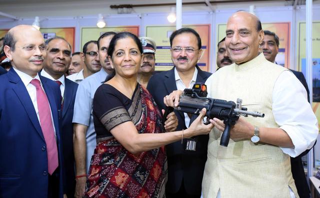 Sitharaman with Home Minister Rajnath Singh at the DRDO Bhawan in New Delhi. (Arun Sharma/HT Photo) Sitharaman with Home Minister Rajnath Singh at the DRDO Bhawan in New Delhi. (Arun Sharma/HT Photo)