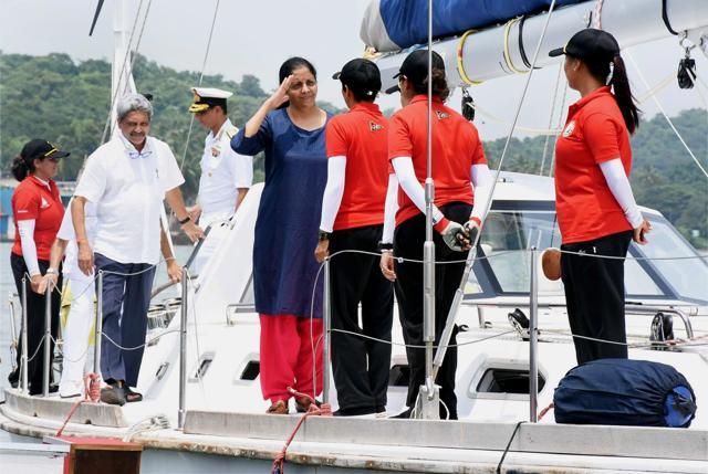 Sitharaman flags off INSV Tarini, a ship that will circumnavigate the globe, in presence of Chief Minister Manohar Parrikar, in Goa. (PTI Photo) Sitharaman flags off INSV Tarini, a ship that will circumnavigate the globe, in presence of Chief Minister Manohar Parrikar, in Goa. (PTI Photo)