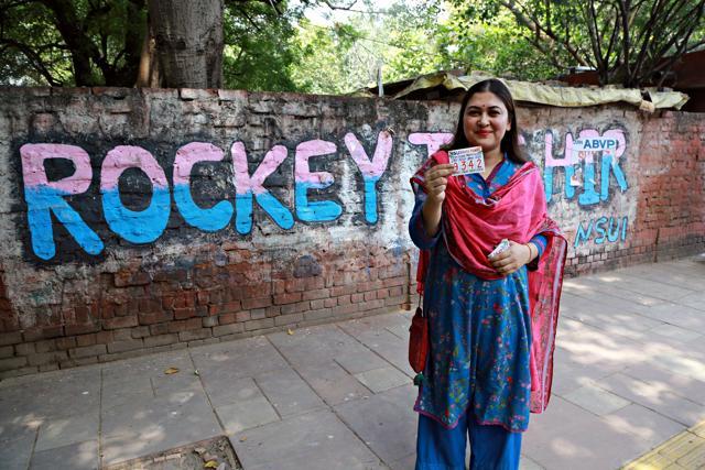 Former DUSU President and Congress spokesperson Ragini Nayak poses in front of a graffiti of Rockey Tushir, the leading presidential candidate for NSUI. (Amal KS/HT Photo) Former DUSU President and Congress spokesperson Ragini Nayak poses in front of a graffiti of Rockey Tushir, the leading presidential candidate for NSUI. (Amal KS/HT Photo)