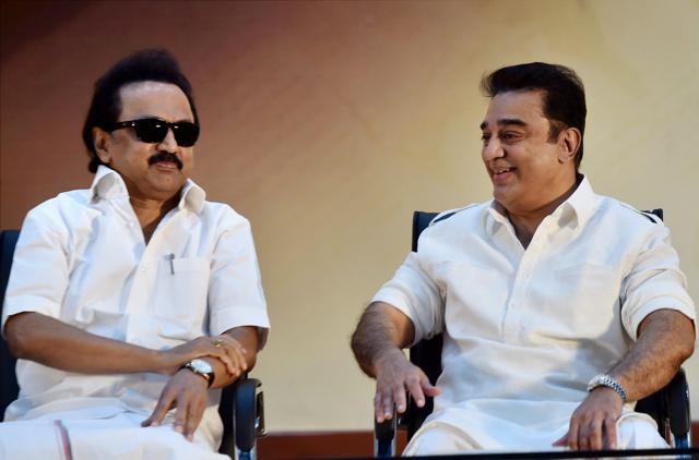 DMK Working President MK Stalin and actor-filmmaker Kamal Haasan at the Diamond Jubilee celebration of the party's mouthpiece Murasoli in Chennai in August. (PTI) DMK Working President MK Stalin and actor-filmmaker Kamal Haasan at the Diamond Jubilee celebration of the party's mouthpiece Murasoli in Chennai in August. (PTI)