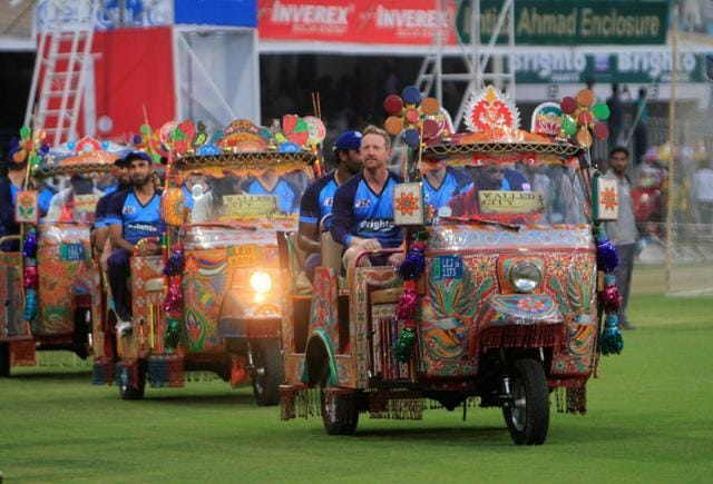 The ICC World XI players arrived in Tuk-Tuks ahead of the first Twenty20 International at Lahore. (REUTERS) The ICC World XI players arrived in Tuk-Tuks ahead of the first Twenty20 International at Lahore. (REUTERS)