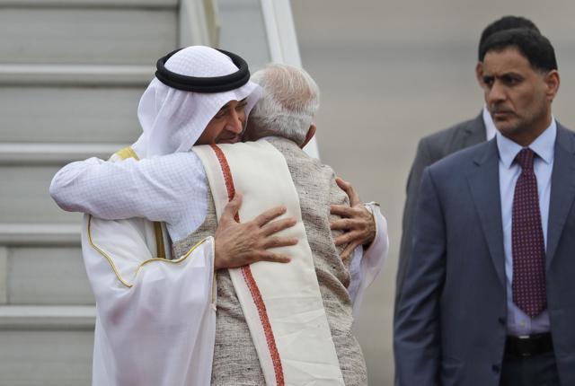 Indian Prime Minister Narendra Modi hugs Abu Dhabi's crown prince, Sheikh Mohammed bin Zayed Al Nahyan as he receives him at the airport in New Delhi, India, ahead of this year’s Republic Day celebrations. (AP) Indian Prime Minister Narendra Modi hugs Abu Dhabi's crown prince, Sheikh Mohammed bin Zayed Al Nahyan as he receives him at the airport in New Delhi, India, ahead of this year’s Republic Day celebrations. (AP)
