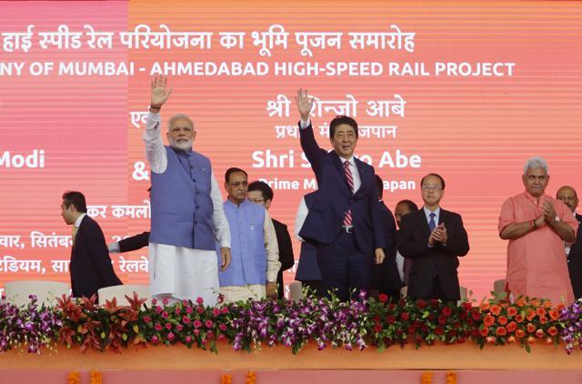 Japanese Prime Minister Shinzo Abe (R) and Prime Minister Narendra Modi during the ground breaking ceremony for high-speed rail project in Ahmedabad. (AP) Japanese Prime Minister Shinzo Abe (R) and Prime Minister Narendra Modi during the ground breaking ceremony for high-speed rail project in Ahmedabad. (AP)
