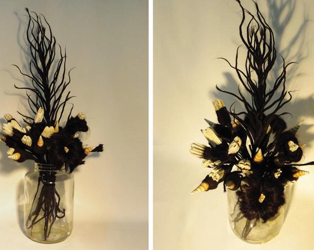 Jeetander Ojha, In the memory of others, Human hair, shells, calcium, wire, glass jar, 2017. Jeetander Ojha, In the memory of others, Human hair, shells, calcium, wire, glass jar, 2017.