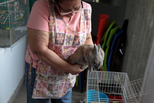 Maria Galindo carries her pet rabbit Lola at her home in Caracas. (Reuters Photo)