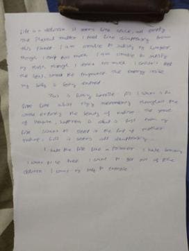 A handwritten 16 line note, supposedly found in Mahapatra’s room by his friends.