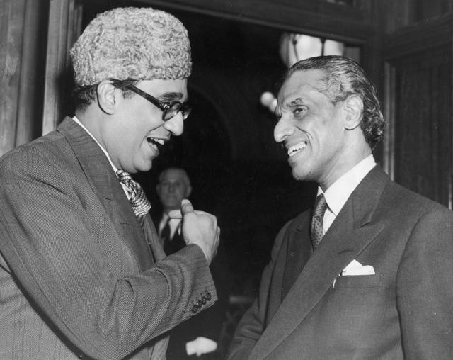 Pakistan high commissioner Habib Ibrahim Rahimtoola chats with VK Krishna Menon during a reception at India House in London on January 24, 1952. (Getty Images) Pakistan high commissioner Habib Ibrahim Rahimtoola chats with VK Krishna Menon during a reception at India House in London on January 24, 1952. (Getty Images)