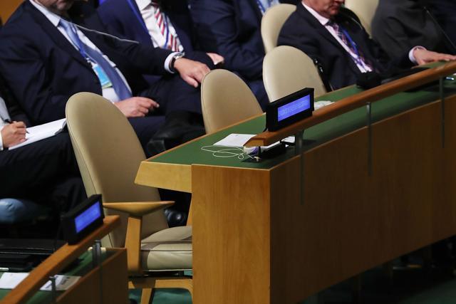 The North Korean delegation's seats stand empty as President Donald Trump speaks to world leaders at the 72nd United Nations (UN) General Assembly at UN headquarters in New York. (AFP Photo)