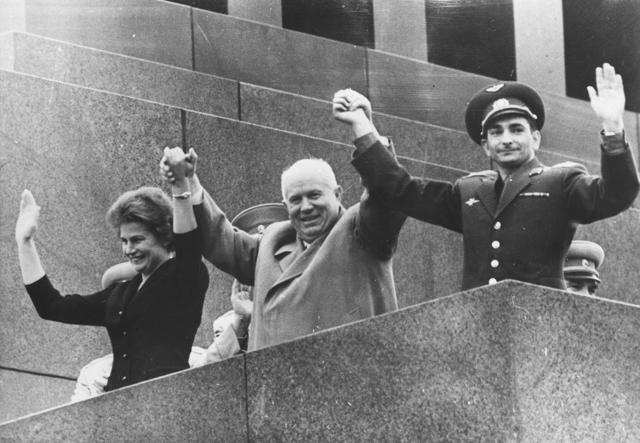 Russian leader Nikita Khrushchev (centre) holds up the hands of Valentina Tereshkova, the first woman in space, and Valery Bykovsky, who holds the record for time in space. (Getty Images) Russian leader Nikita Khrushchev (centre) holds up the hands of Valentina Tereshkova, the first woman in space, and Valery Bykovsky, who holds the record for time in space. (Getty Images)