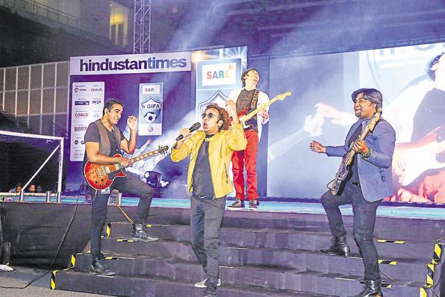 Delhi-based multi-genre band, Astitva, performed for a packed stadium at the opening ceremony of HT GIFA. (Raajessh Kashyap/HT Photo)