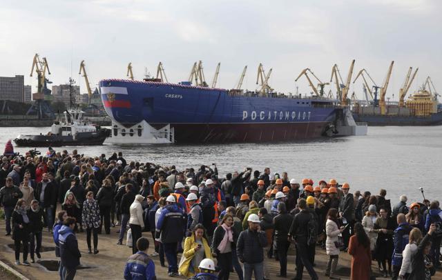 People attend a ceremony to float out the nuclear-powered icebreaker. (Reuters) People attend a ceremony to float out the nuclear-powered icebreaker. (Reuters)