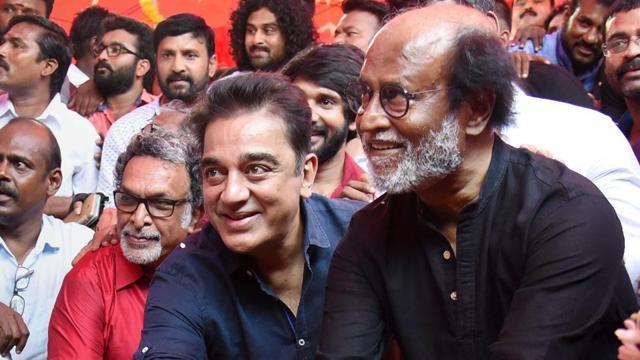 Tamil superstars Rajinikanth and Kamal Hassan during foundation stone laying ceremony of South Indian Film Artistes' Association building in Chennai on Friday. Actor M Nasar is also present. (PTI) Tamil superstars Rajinikanth and Kamal Hassan during foundation stone laying ceremony of South Indian Film Artistes' Association building in Chennai on Friday. Actor M Nasar is also present. (PTI)
