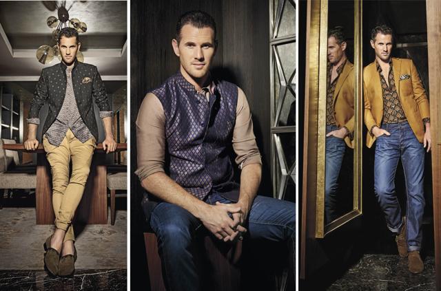 Shaun Tait met model Mashoom Singha at an Indian Premier League (IPL) after-party, and they got married in 2014. (From left) Shaun wears a bandhgala and juttis by Shantanu & Nikhil, kurta-shirt by Ashish N Soni and, pocket square and Jodhpurs by Raghavendra Rathore; Nehru jacket by Raghavendra Rathore, shirt by Shantanu & Nikhil and jeans from Diesel Black Gold; Jacket and shirt by Ashish N Soni, pocket square by Raghavendra Rathore, jeans from Diesel Black Gold and his own shoes (Prabhat Shetty) Shaun Tait met model Mashoom Singha at an Indian Premier League (IPL) after-party, and they got married in 2014. (From left) Shaun wears a bandhgala and juttis by Shantanu & Nikhil, kurta-shirt by Ashish N Soni and, pocket square and Jodhpurs by Raghavendra Rathore; Nehru jacket by Raghavendra Rathore, shirt by Shantanu & Nikhil and jeans from Diesel Black Gold; Jacket and shirt by Ashish N Soni, pocket square by Raghavendra Rathore, jeans from Diesel Black Gold and his own shoes (Prabhat Shetty)