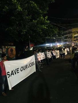 Employees who have lost their jobs, due to closure of restaurants in HKV, protest outside the market. Employees who have lost their jobs, due to closure of restaurants in HKV, protest outside the market.