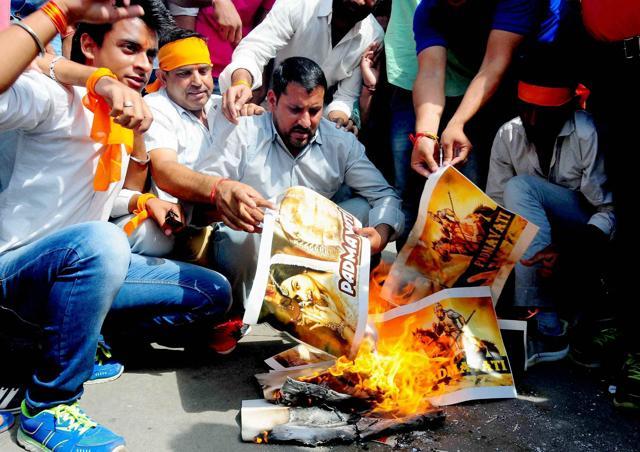 Karni Sena activists protest against director Sanjay Leela Bhansali's upcoming film Padmavati in Jaipur on Saturday. (PTI) Karni Sena activists protest against director Sanjay Leela Bhansali's upcoming film Padmavati in Jaipur on Saturday. (PTI)