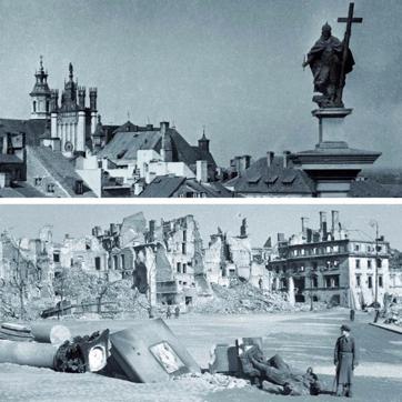 (Top) King Zygmunt III Waza’s Column at Castle Square before the war; (above) after the war. (Top) King Zygmunt III Waza’s Column at Castle Square before the war; (above) after the war.