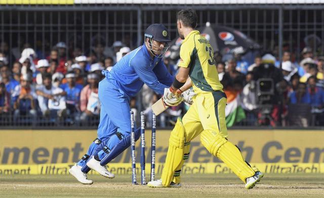 MS Dhoni stumps Glenn Maxwell during the 3rd ODI at Holkar Stadium in Indore on Sunday. PTI (PTI)