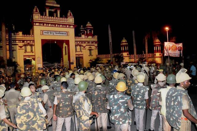 Police deployed at the Banaras Hindu University. (PTI Photo) Police deployed at the Banaras Hindu University. (PTI Photo)