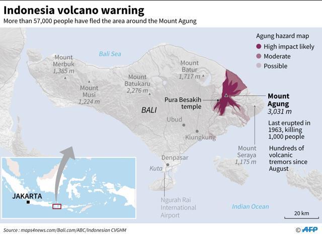 Graphic showing Agung volcano on Indonesia's Bali island. More than 57,000 people have evacuated the area after weeks of seismic activity. (AFP Photo)