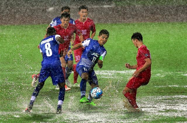 Bengaluru FC’s Sunil Chettri and 4.25 SC North Korea players in action during the AFC Cup Inter Zone semifinal match at Kanteerava Stadium in Bengaluru. Bengaluru FC won the match 3-0. (PTI)